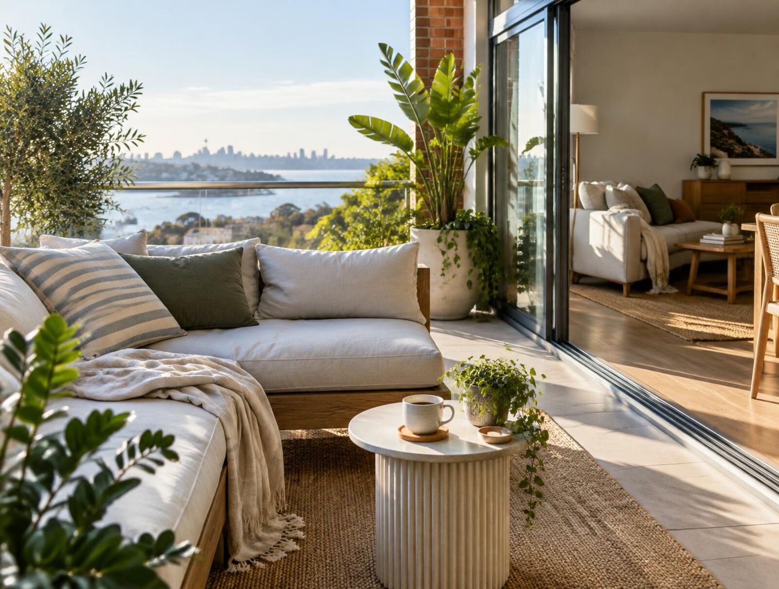 Bright apartment terrace with a linen sofa, plants and harbour views