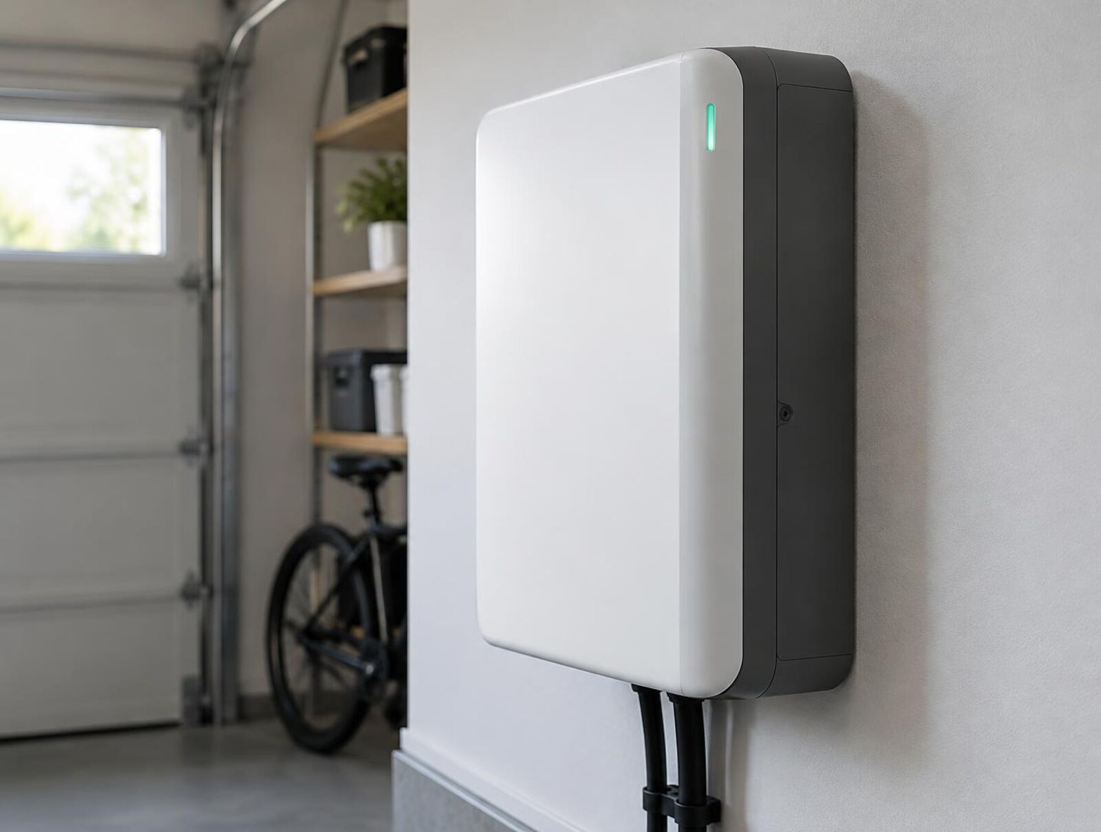 Close-up of a modern white and charcoal battery enclosure mounted on a garage wall