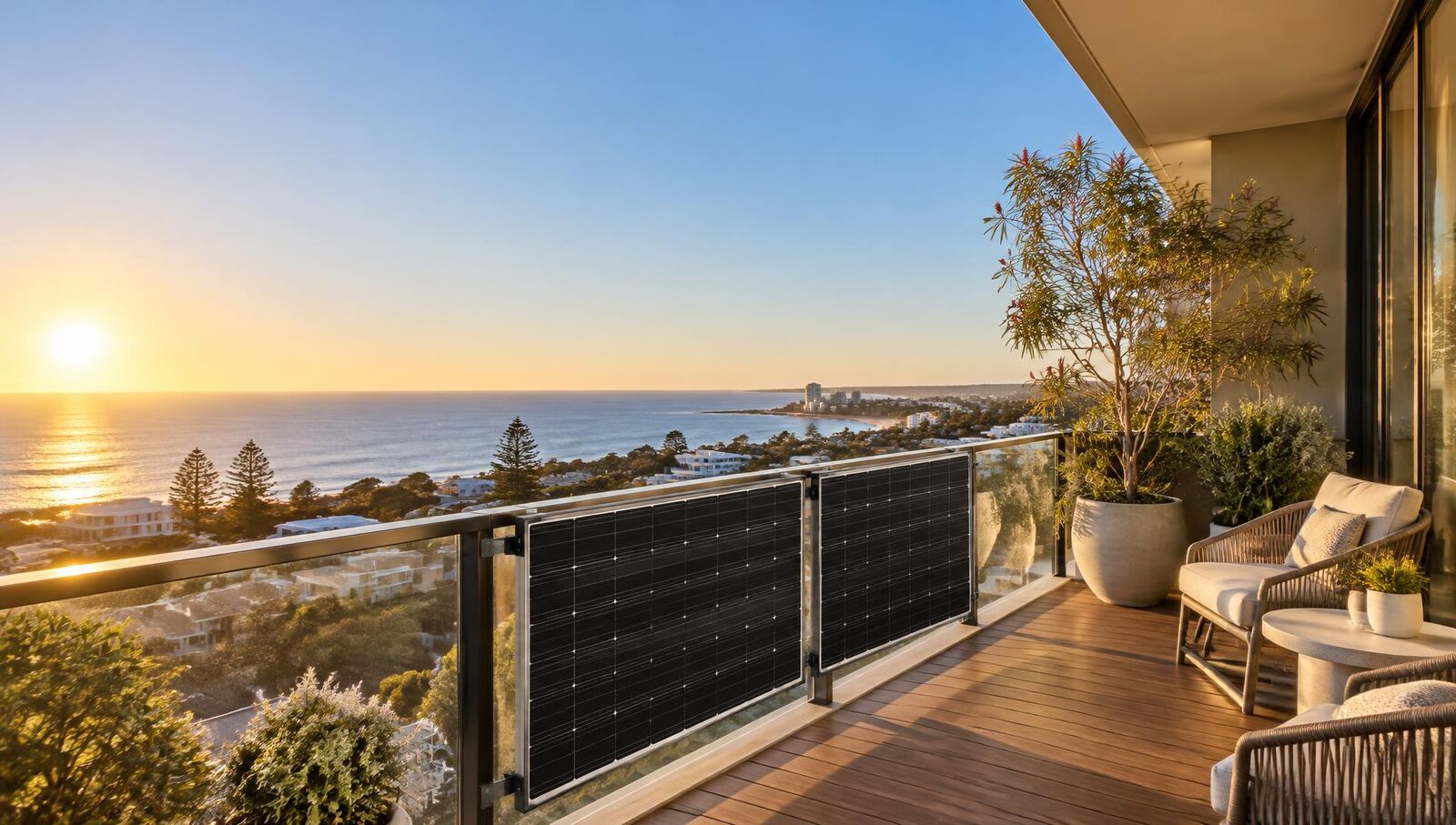 Contemporary apartment balcony with two slim solar panels fixed to the balustrade, overlooking the coast at golden hour