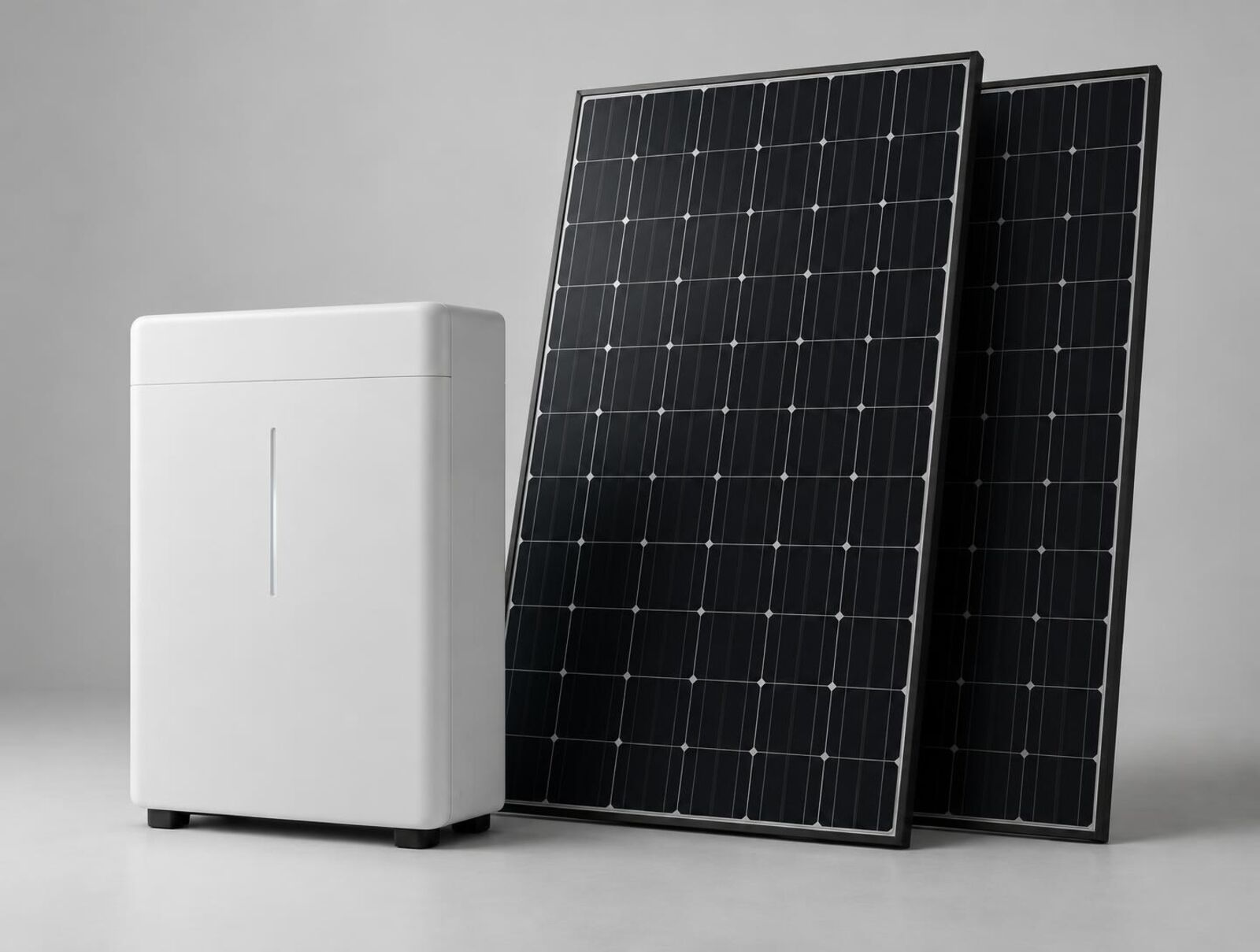 Unbranded battery unit beside two solar panels